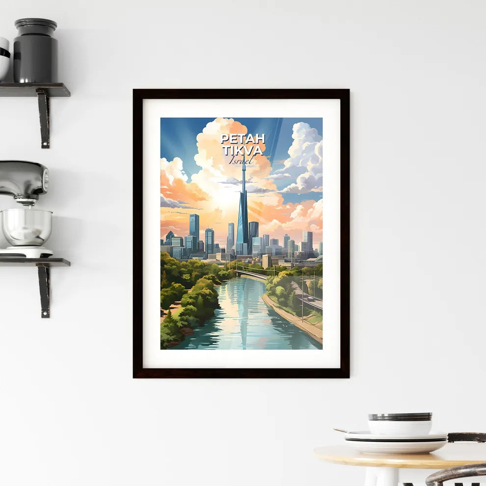 Vibrant Petah Tikva City Skyline Painting: River and Trees Panorama Default Title