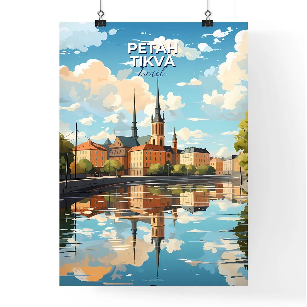 Abstract cityscape painting of Petah Tikva Israel skyline featuring a body of water and a building with towers Default Title