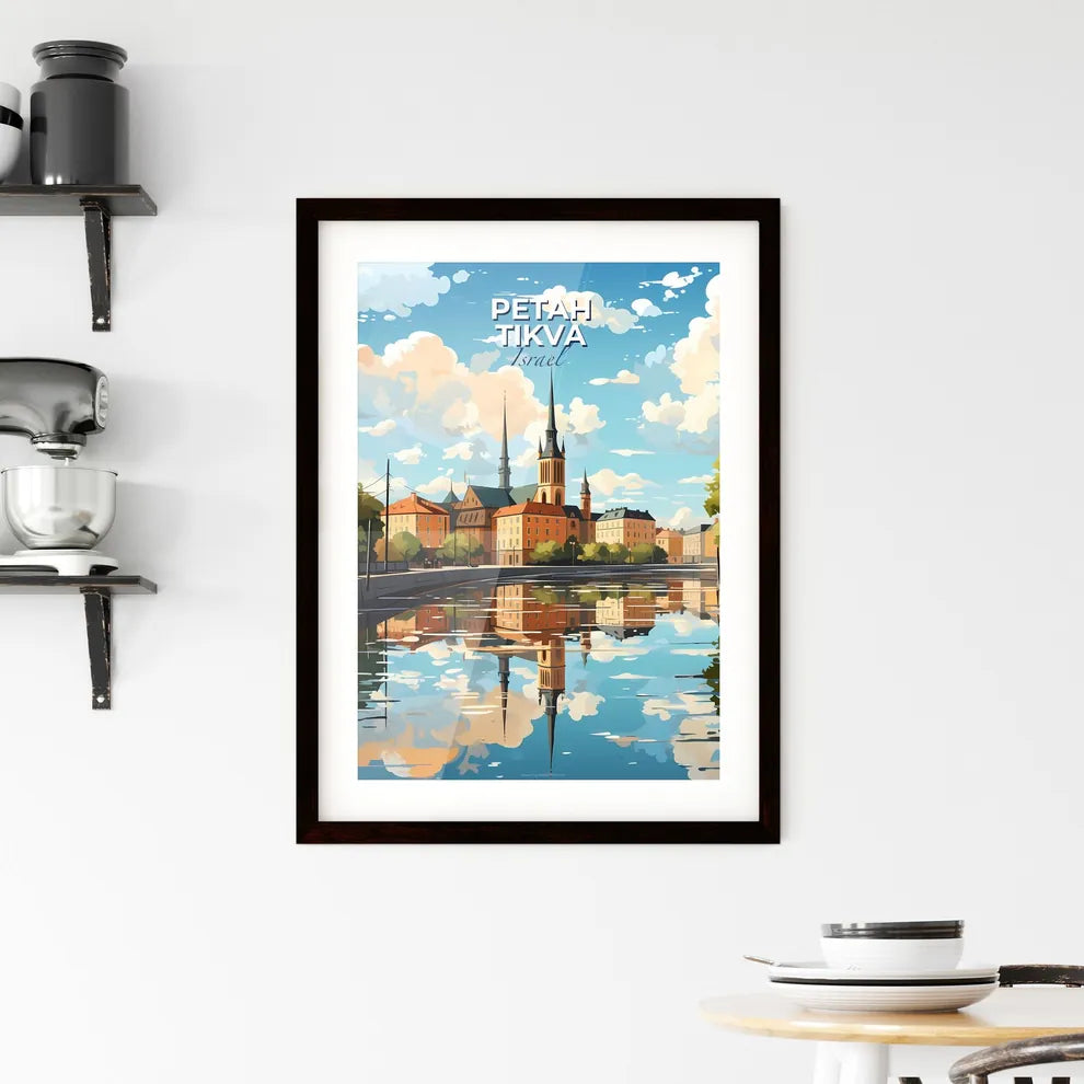 Abstract cityscape painting of Petah Tikva Israel skyline featuring a body of water and a building with towers Default Title