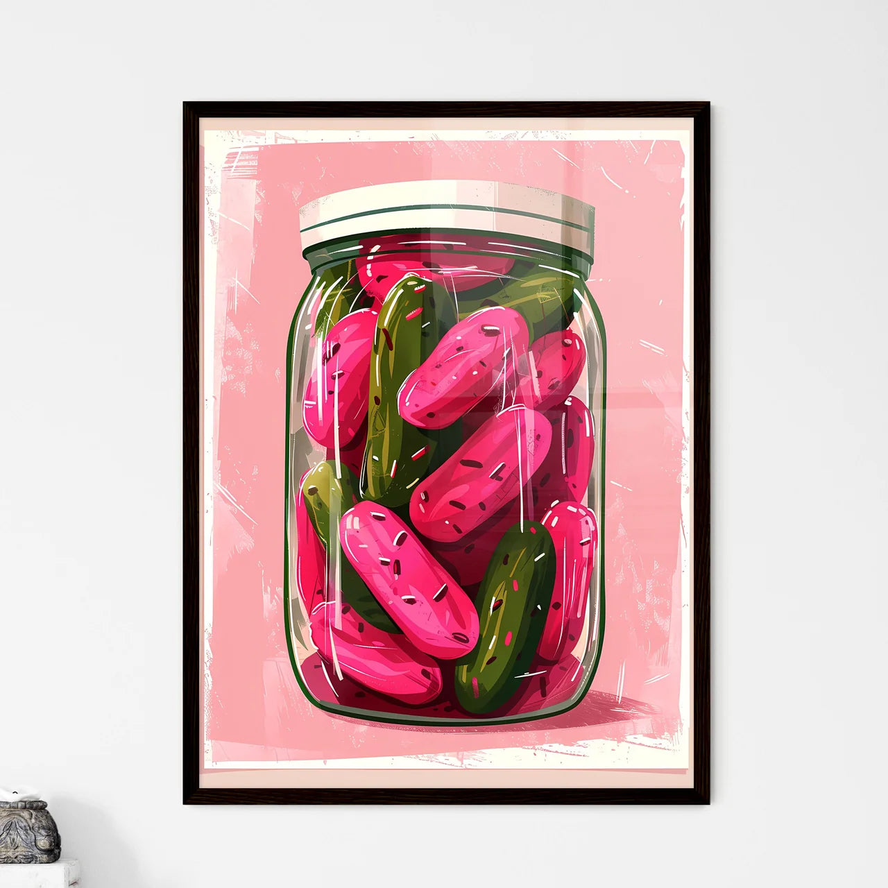 Artistic Pink Pickle Jar Illustration with V - Framed Art Print