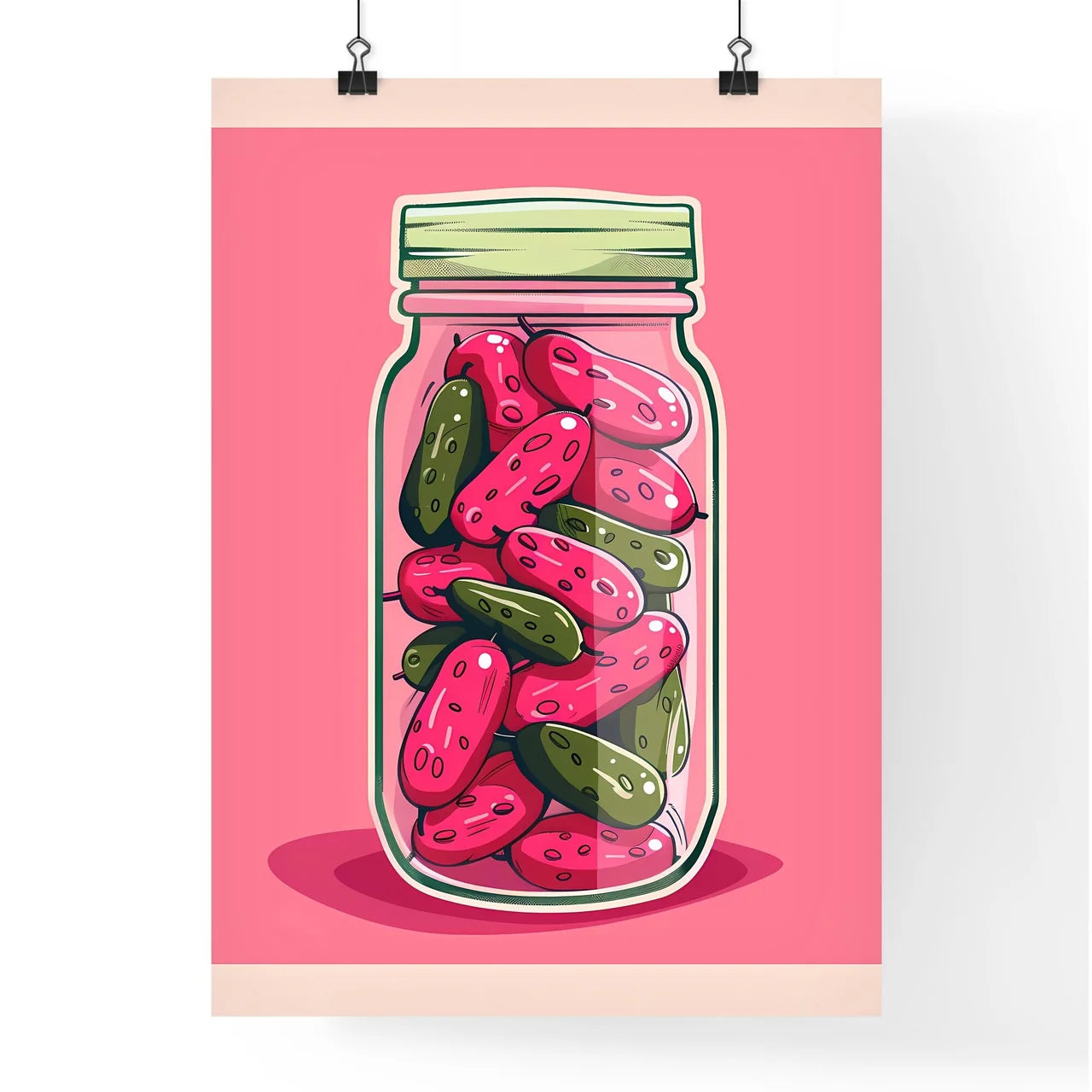 Vibrant Painting of Pink Pickles in Glass Ja Poster