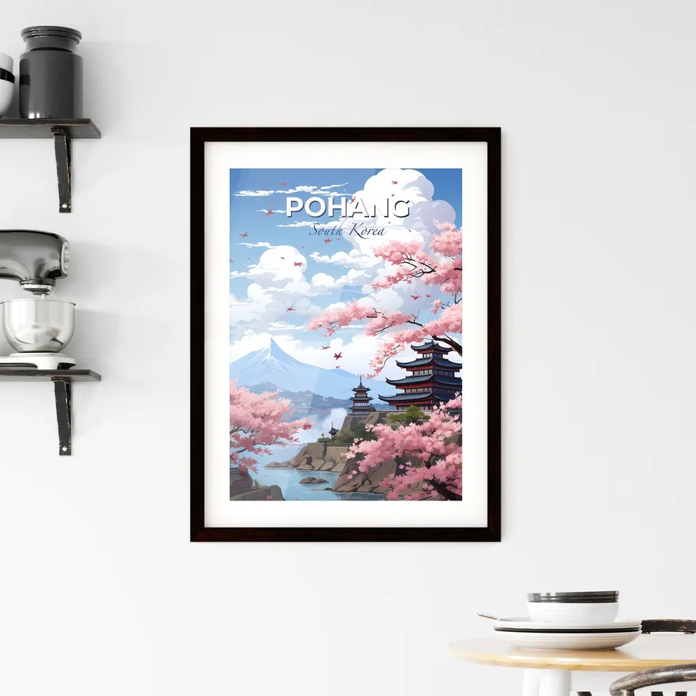 Tranquil Pagoda Landscape with Cherry Blossoms, Pohang Skyline Artwork with Vibrant Colors and Artistic Flair Default Title