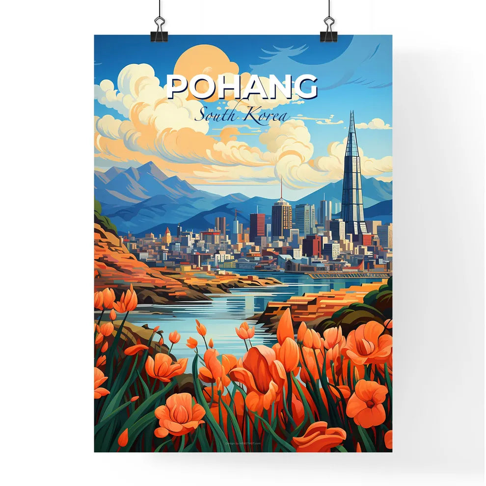 Vibrant Painted Cityscape of Pohang South Korea Skyline with Orange Flowers Default Title