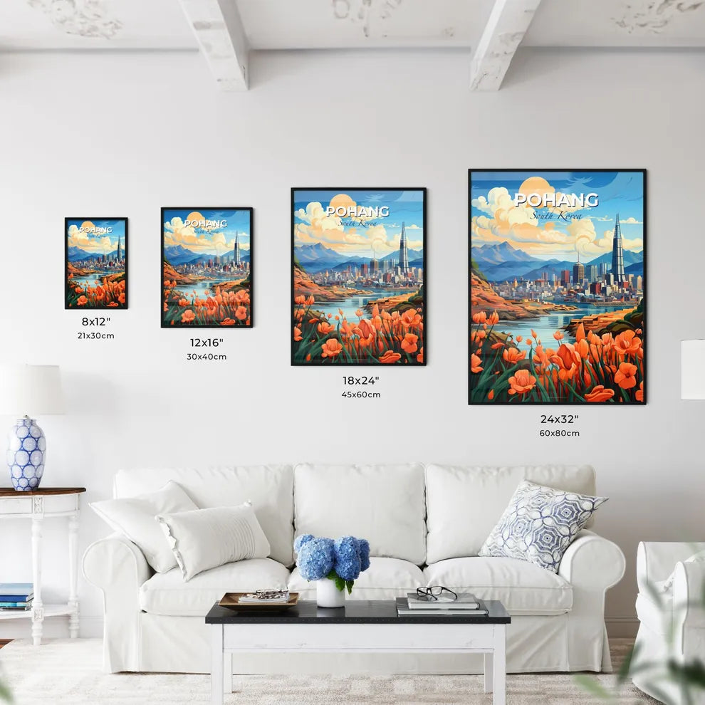 Vibrant Painted Cityscape of Pohang South Korea Skyline with Orange Flowers Default Title