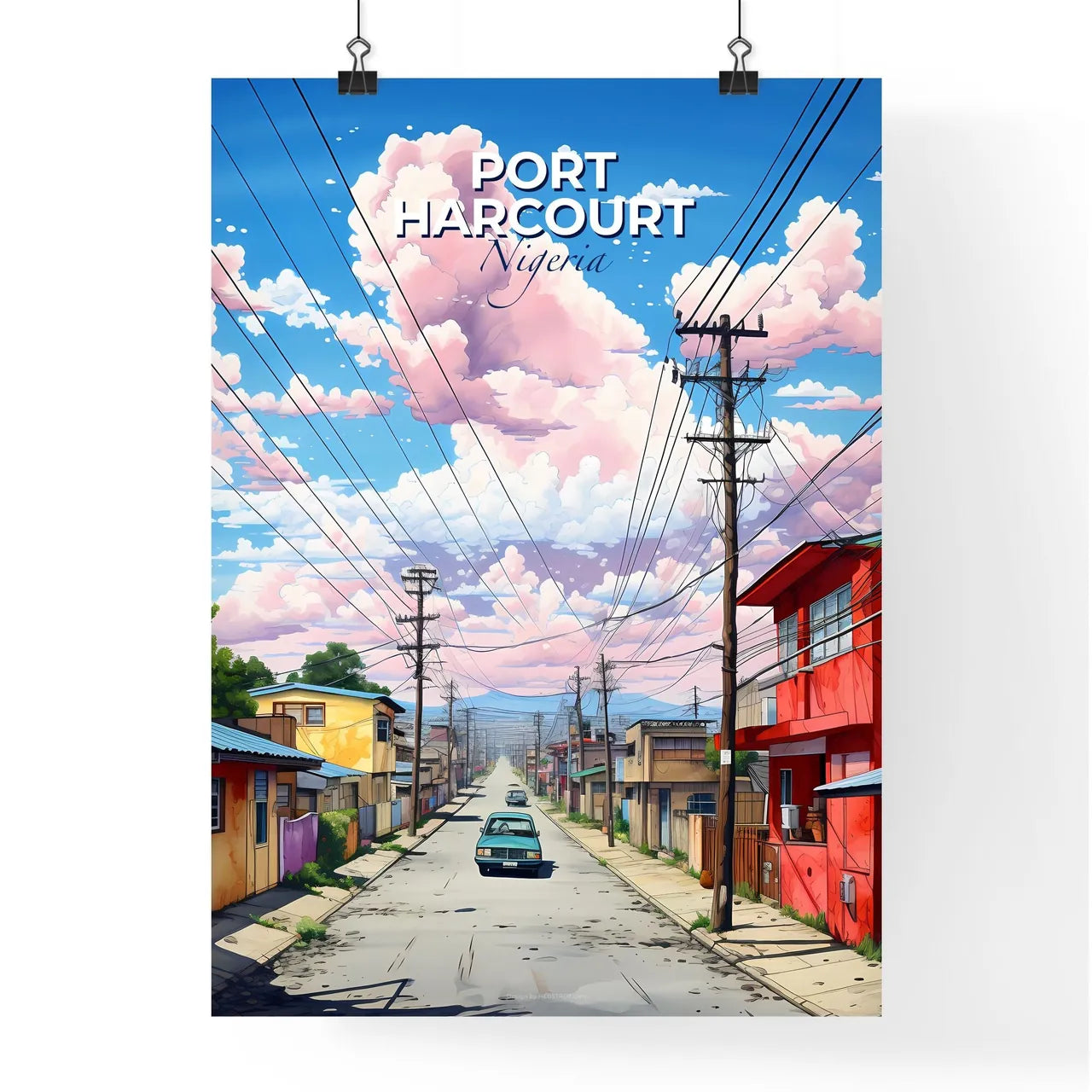 Port Harcourt Nigeria City Street View Vibrant Painting Art Houses Cars Skyline Default Title