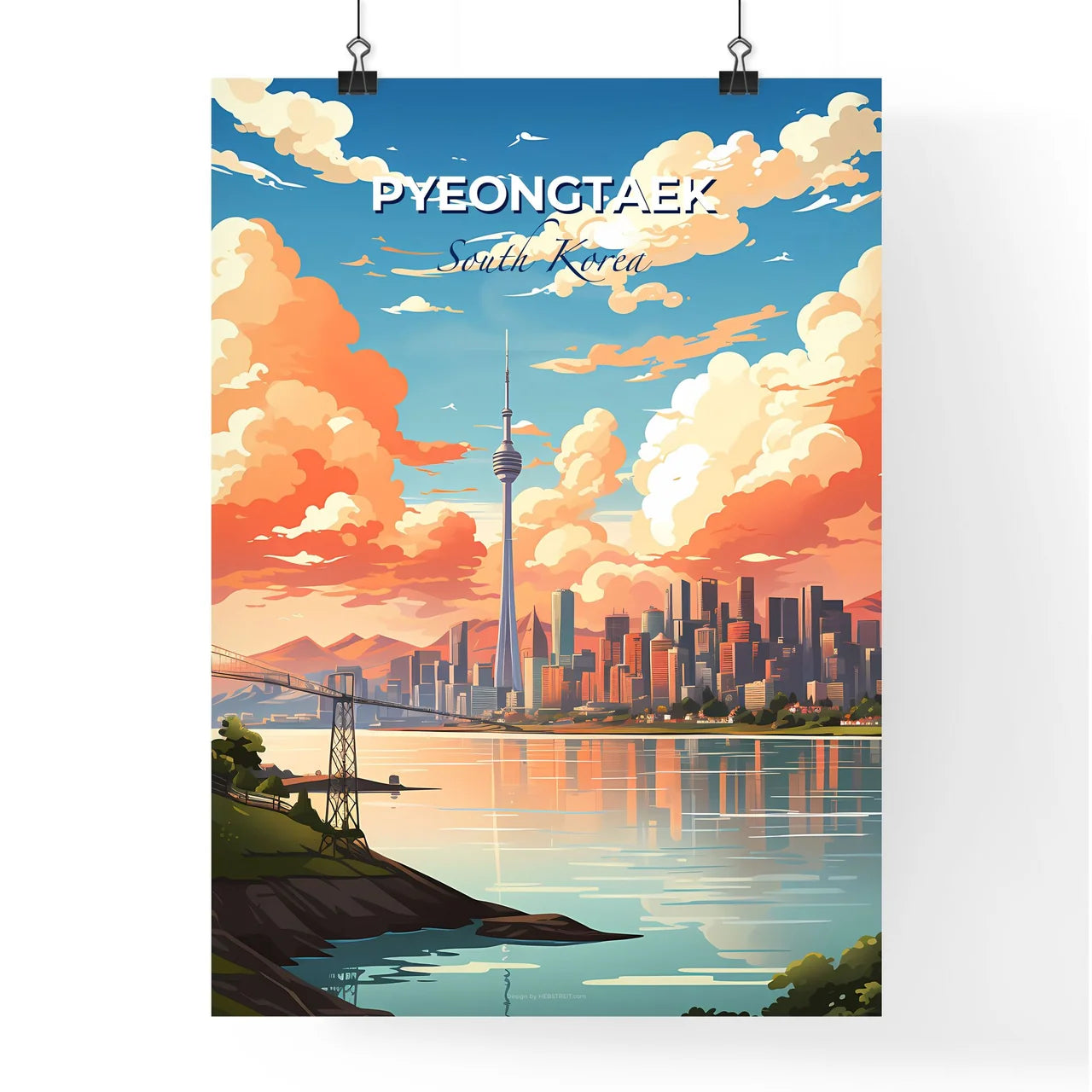 Artistic Skyline of Pyeongtaek, South Korea Featuring Vibrant Bridge and Body of Water Default Title