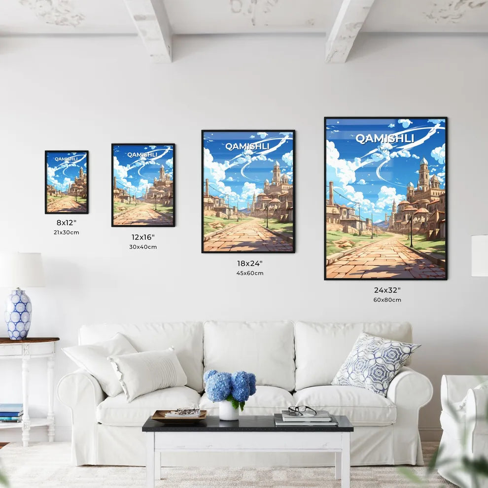 Vibrant Watercolor Painting of Qamishli Skyline Depicting Cityscape and Road Default Title