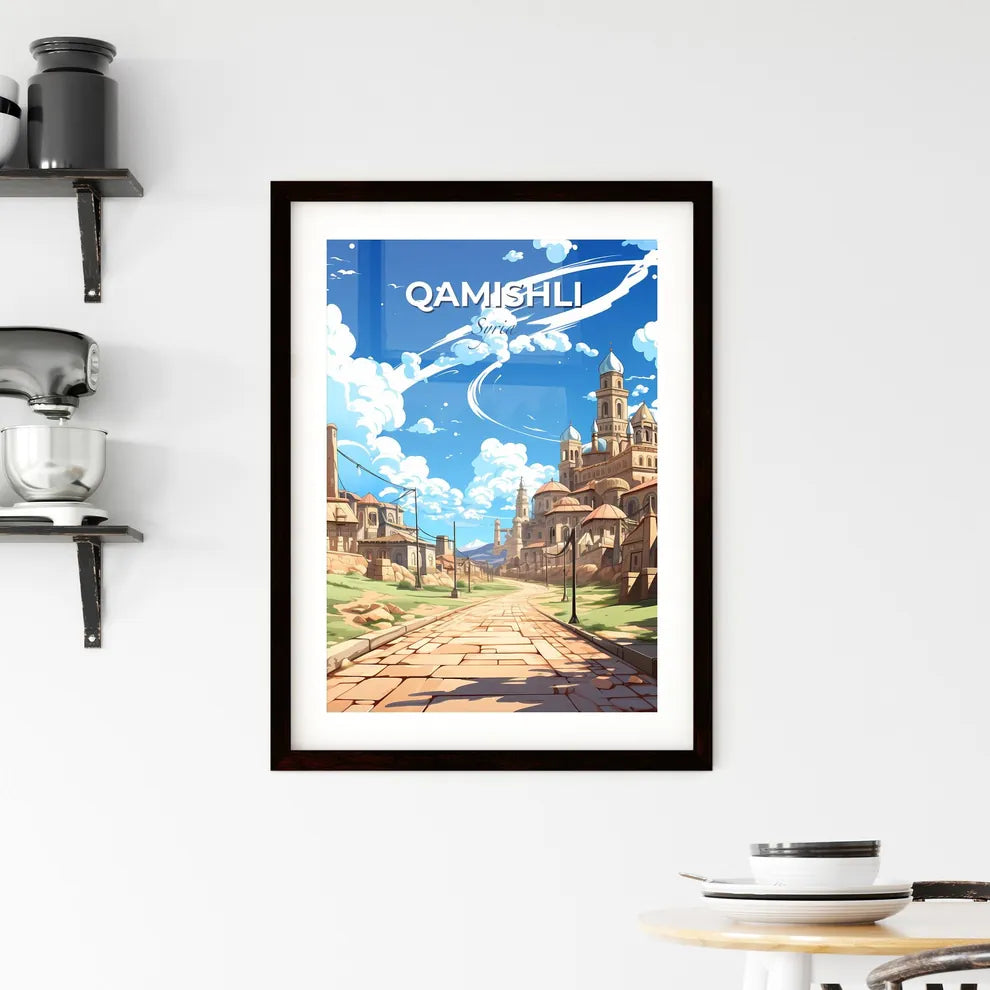 Vibrant Watercolor Painting of Qamishli Skyline Depicting Cityscape and Road Default Title