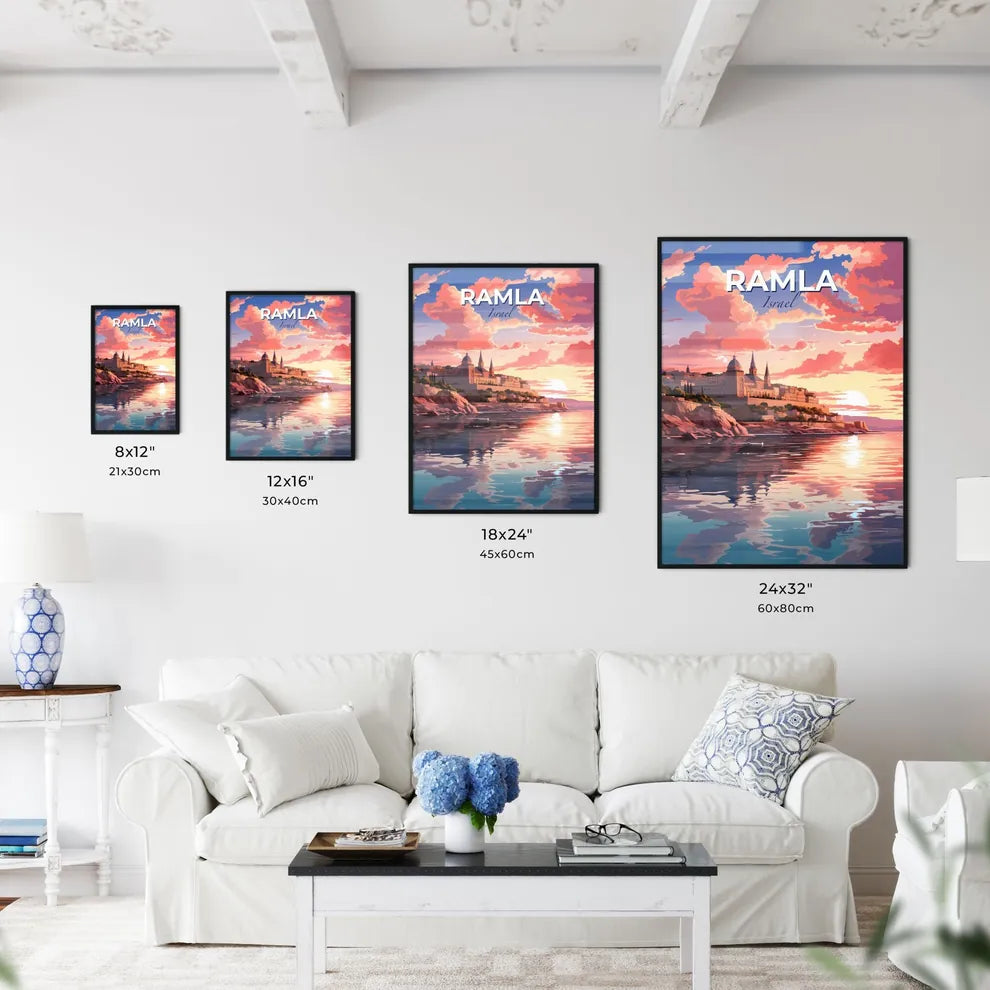 Ramla Israel Skyline Cityscape Art Painting Panorama Canvas Vibrant Pink Sky Default Title