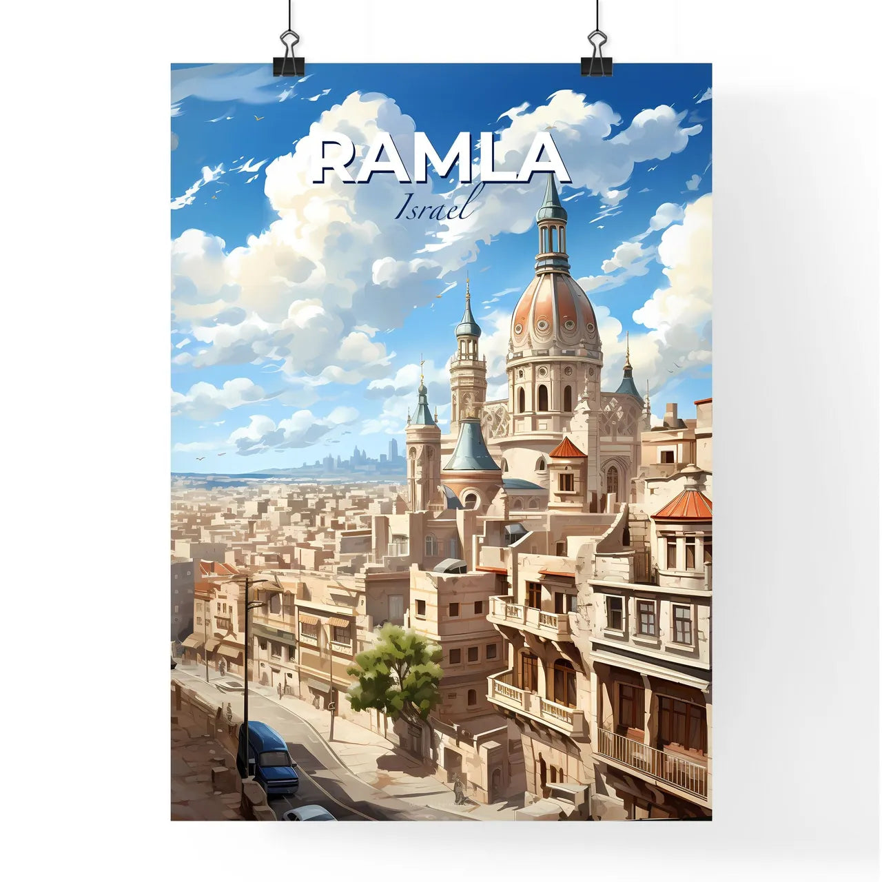 Vibrant Painting of Ramla Israel Skyline Showcasing City's Towering Architecture Default Title