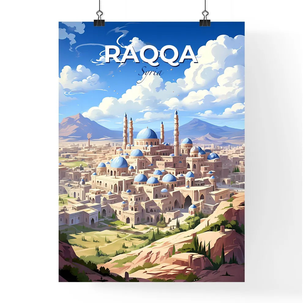 Artful Raqqa Cityscape: Vibrant Painting Depicting Blue Domes, Towers, and City Architecture Default Title