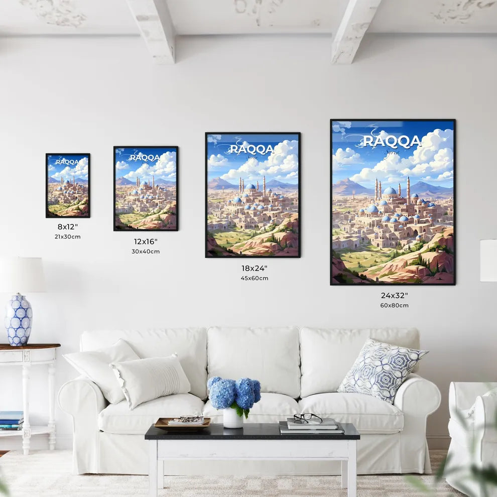 Artful Raqqa Cityscape: Vibrant Painting Depicting Blue Domes, Towers, and City Architecture Default Title