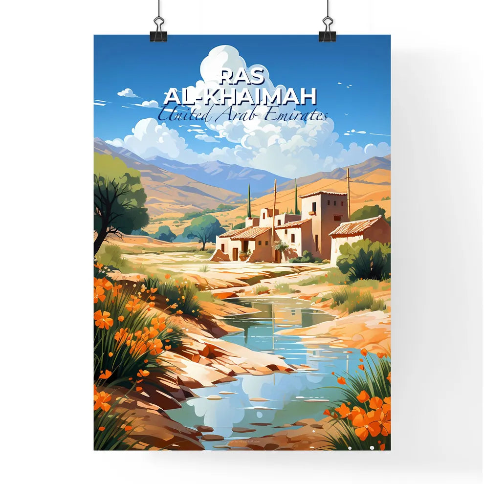 Serene Landscape Painting of Ras al-Khaimah Skyline with River, Mountains, and House Default Title