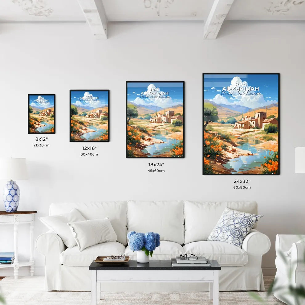 Serene Landscape Painting of Ras al-Khaimah Skyline with River, Mountains, and House Default Title