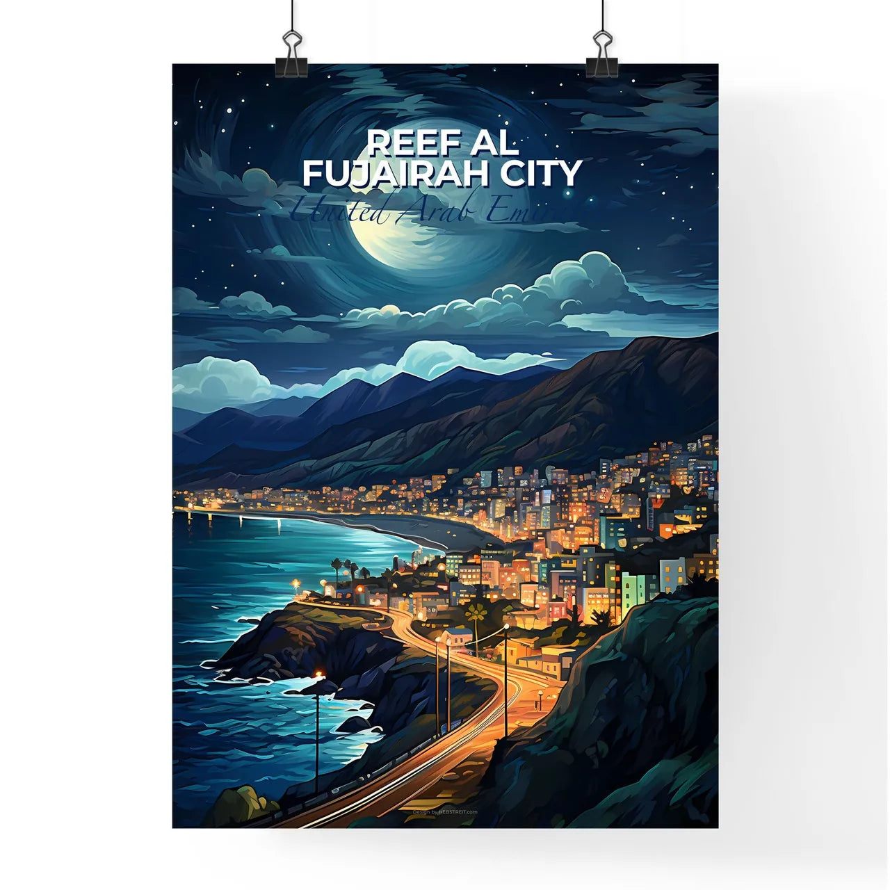 Stunning Cityscape Painting of Reef Al Fujairah, UAE Skyline on Ocean Cliffs Default Title