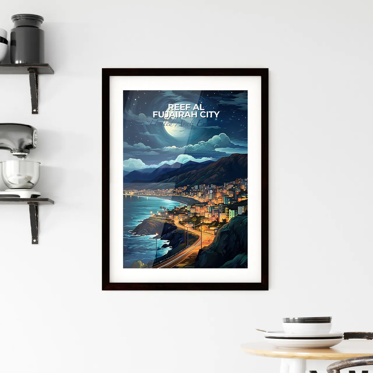 Stunning Cityscape Painting of Reef Al Fujairah, UAE Skyline on Ocean Cliffs Default Title