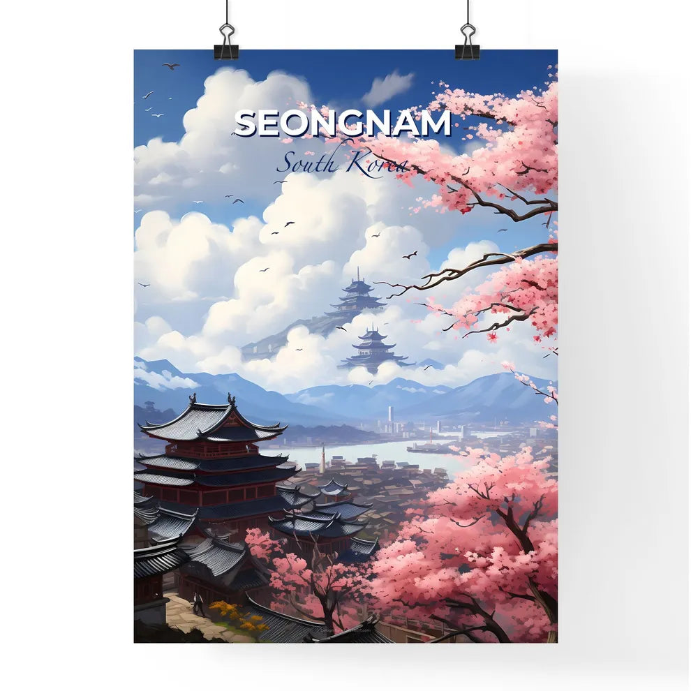 Vibrant Cityscape Painting of Seongnam South Korea Skyline with Cherry Blossoms Default Title