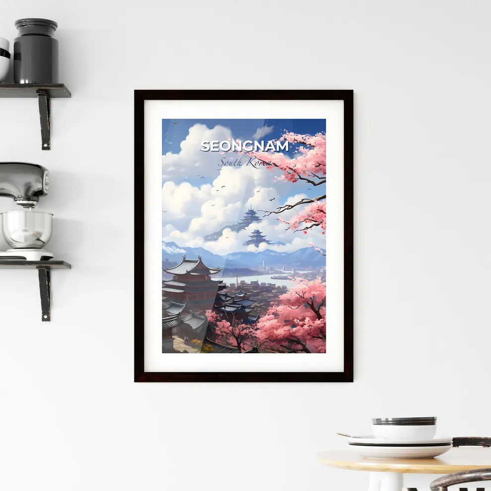 Vibrant Cityscape Painting of Seongnam South Korea Skyline with Cherry Blossoms Default Title