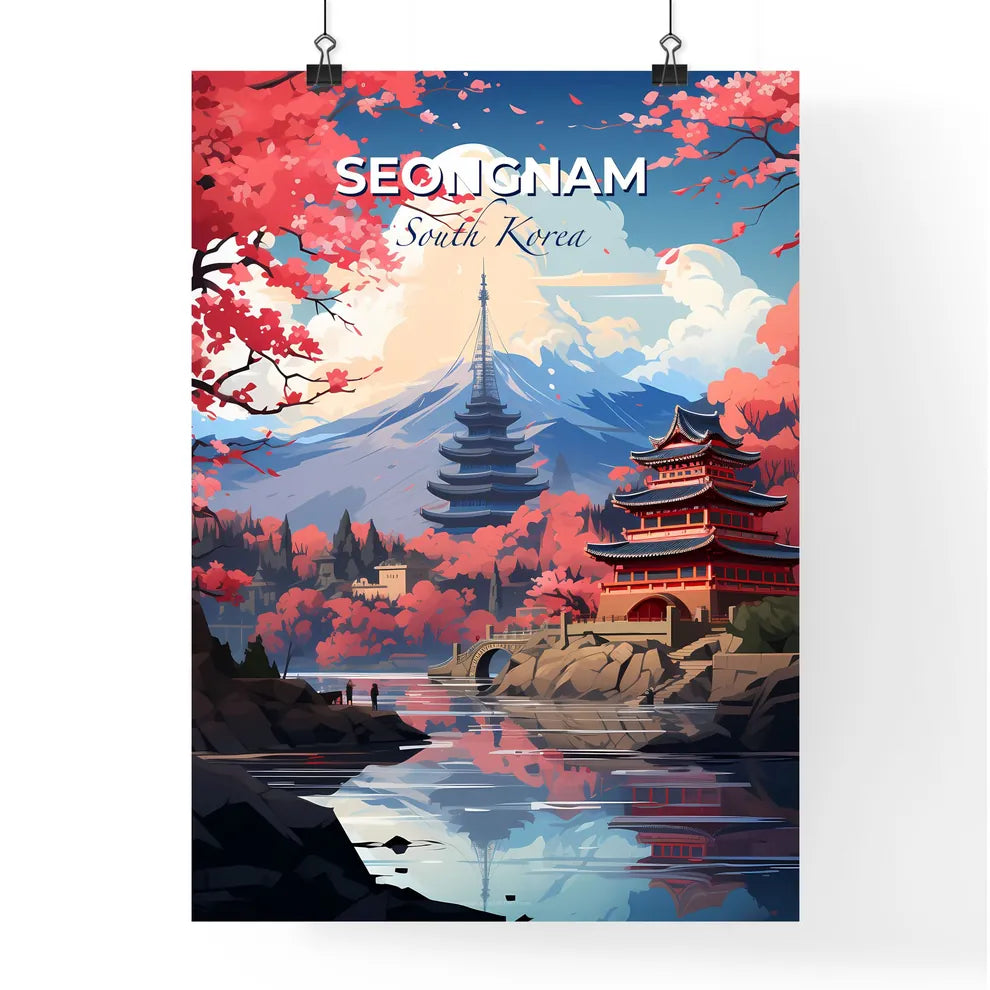 Vibrant Korean Painting Depicting Seongnam Skyline with Pagoda, River, and Mountain Default Title