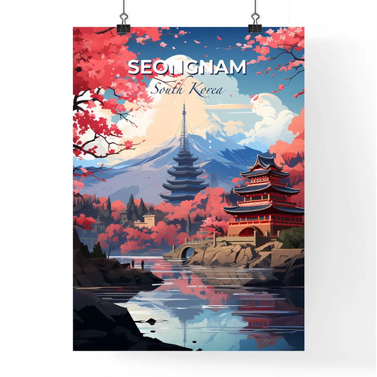 Vibrant Korean Painting Depicting Seongnam Skyline with Pagoda, River, and Mountain Default Title