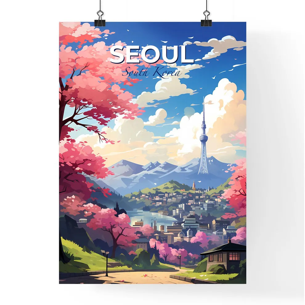Artistic Seoul Skyline Landscape with Pink Trees and Tower Default Title