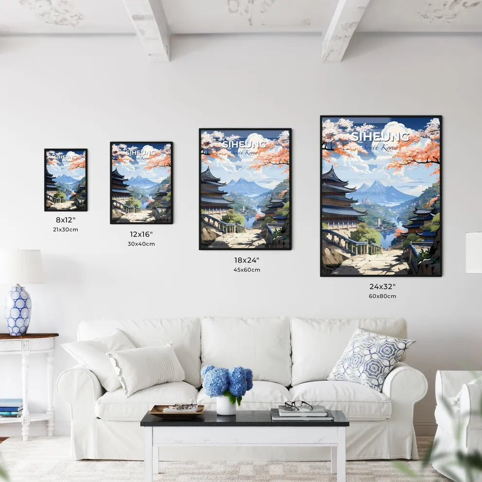 South Korean Mountain Landscape Painting of Siheung Skyline with Building and Trees Default Title