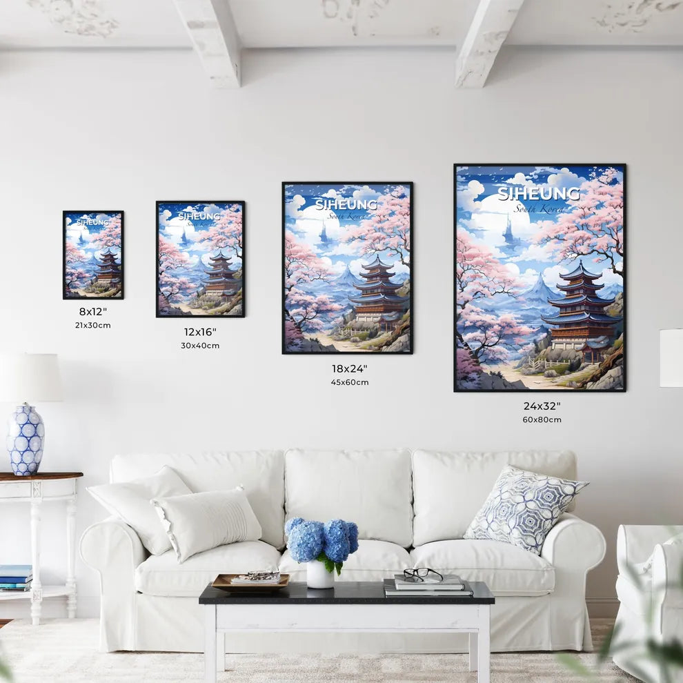 South Korea Skyline Pagoda Painting Cherry Blossoms Mount Hill Traditional Art Default Title