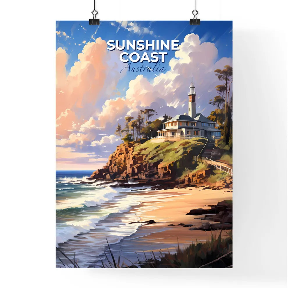 Vibrant Painting of House on Cliff by Ocean, Sunshine Coast Australia Skyline Default Title