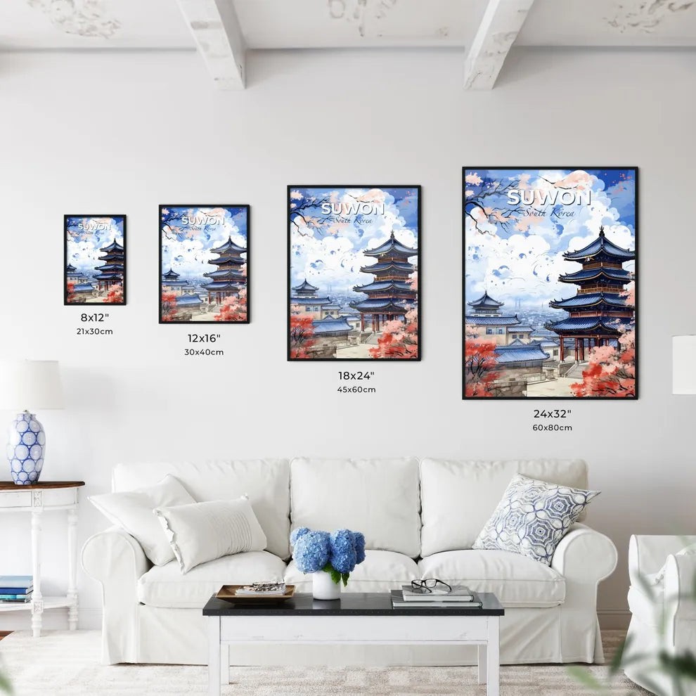 Suwon South Korea Skyline Watercolor Painting with Cherry Blossoms Default Title