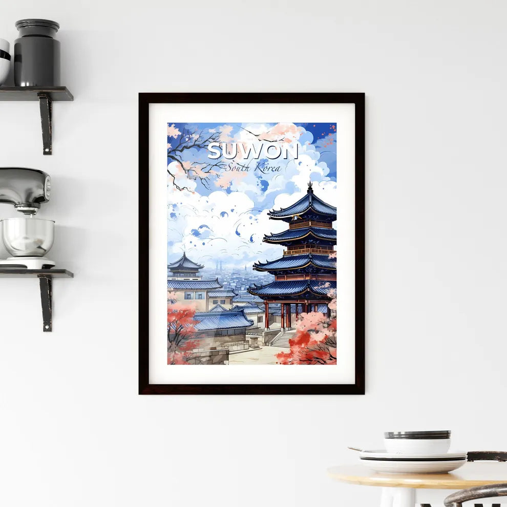 Suwon South Korea Skyline Watercolor Painting with Cherry Blossoms Default Title