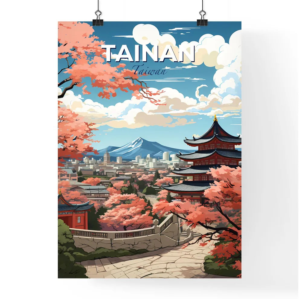 Cityscape Painting Art - Tainan Taiwan Skyline with Pagoda and Cherry Blossoms Default Title