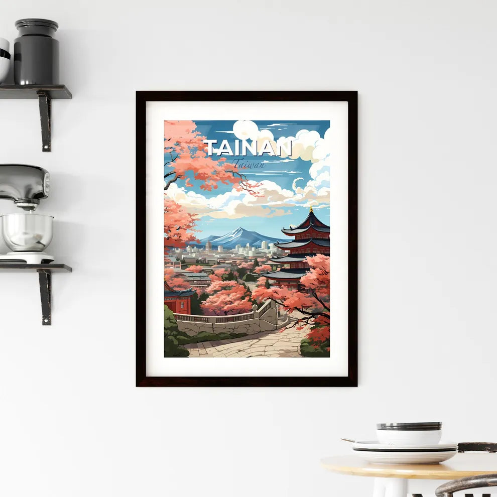 Cityscape Painting Art - Tainan Taiwan Skyline with Pagoda and Cherry Blossoms Default Title