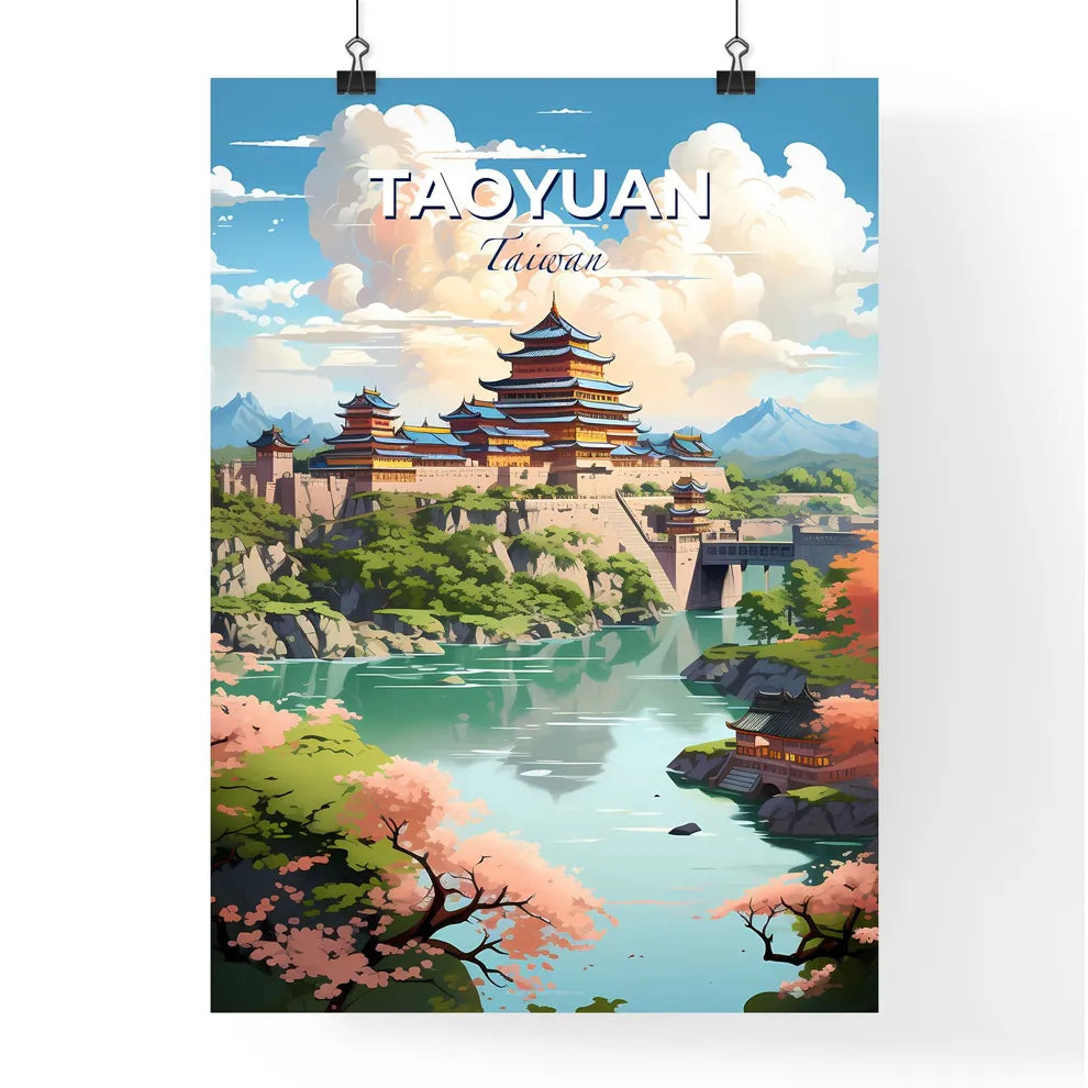 Vibrant Painting: Taoyuan Taiwan Cityscape with Historic Castle, River, and Trees Default Title