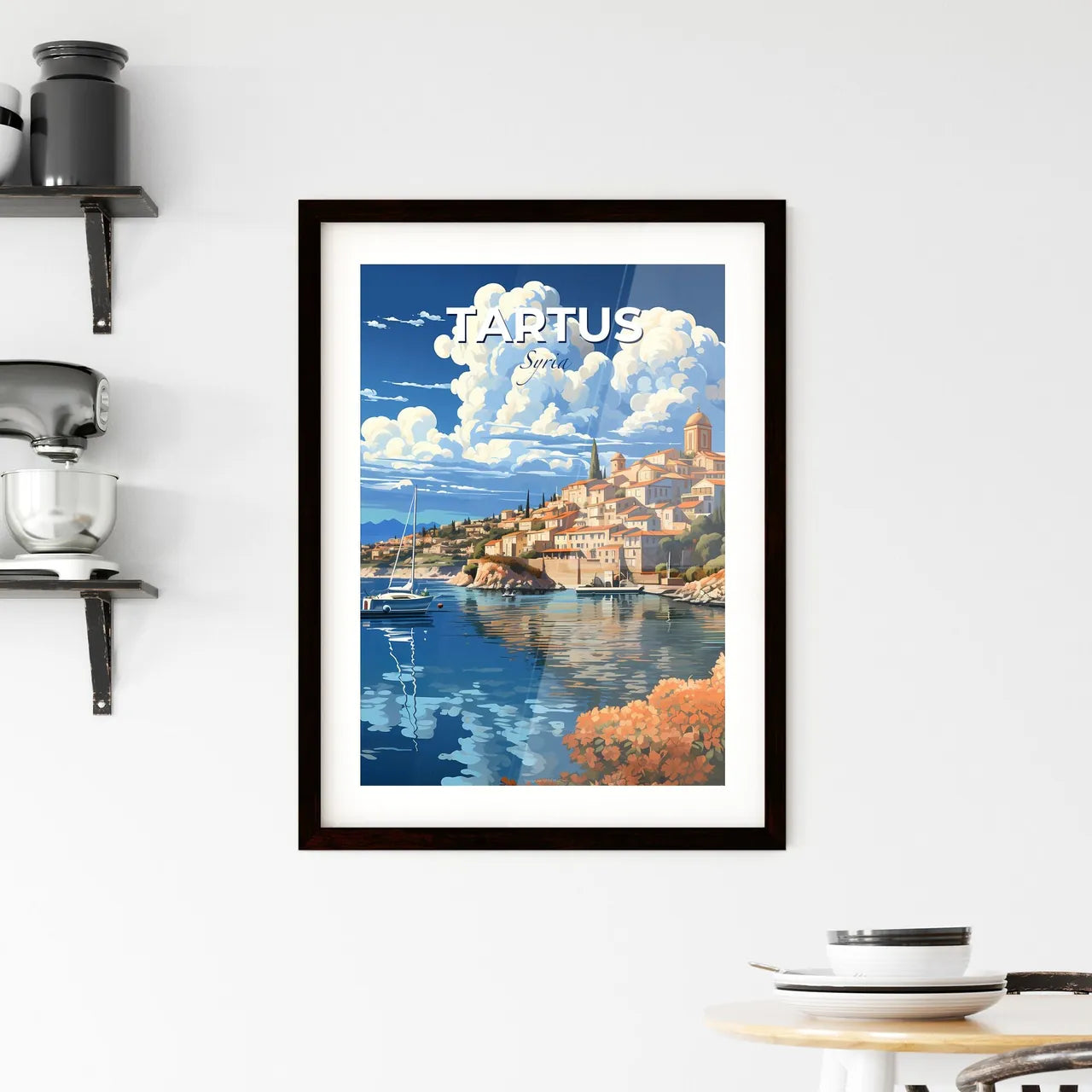 Tartus Cityscape Impressionist Painting of a Syrian Coastal Town with Boat and Colorful Hillside Default Title