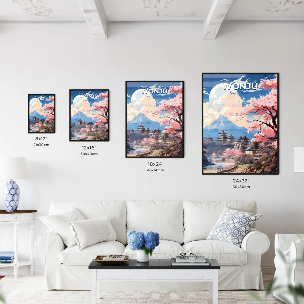 South Korea Mountain Landscape Painting - Colorful City Skyline River Valley Art Default Title