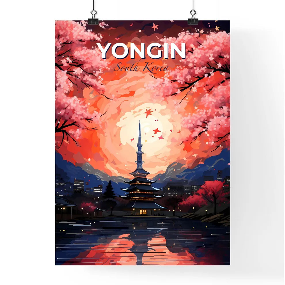 Japanese Temple Sunset Painting - Vibrant Modern Art Cityscape Skyline Yongin South Korea Default Title