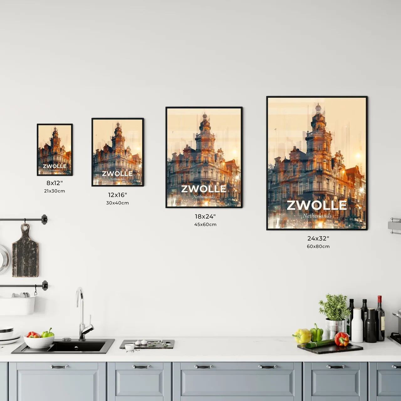 Zwolle Skyline Poster: Local Vibes, Bright Sparkles - A building with a tower Size Chart