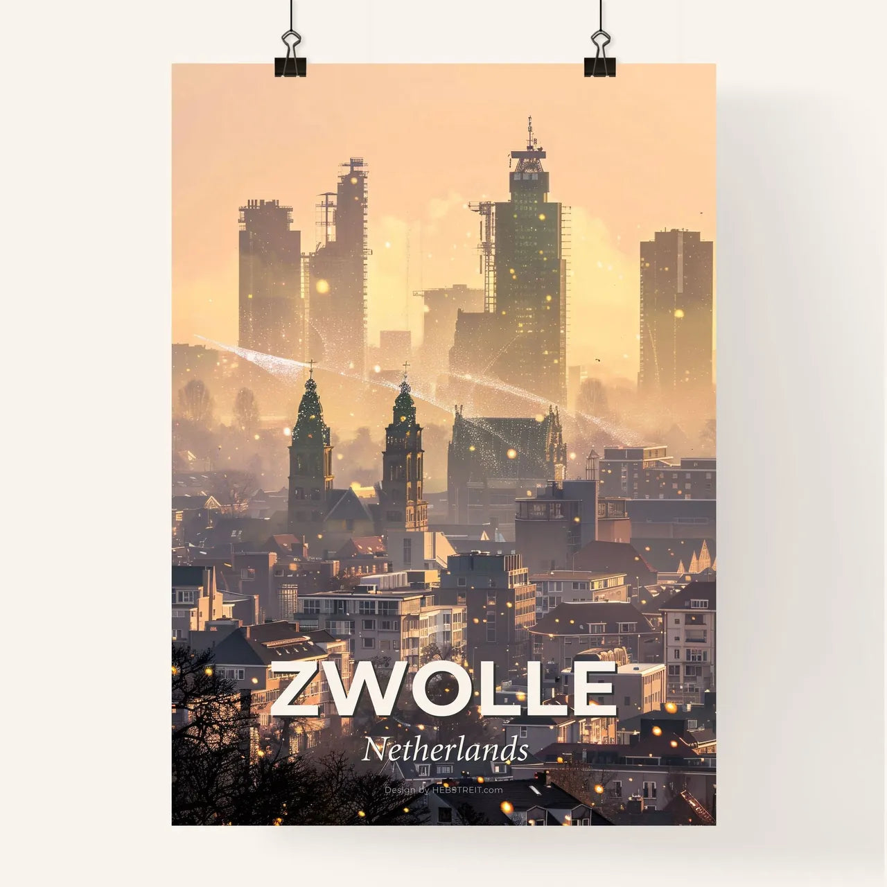 Zwolle Skyline Art with Local Architectural Icons - A city with tall buildings and a fire sprinkler Poster
