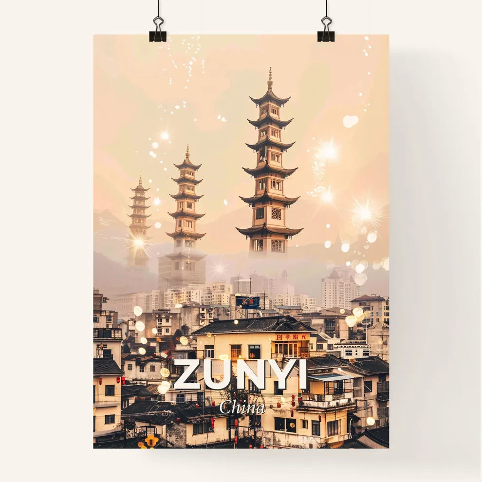 Zunyi China Double Exposure Skyline Art - A city with tall buildings and a tall tower Poster