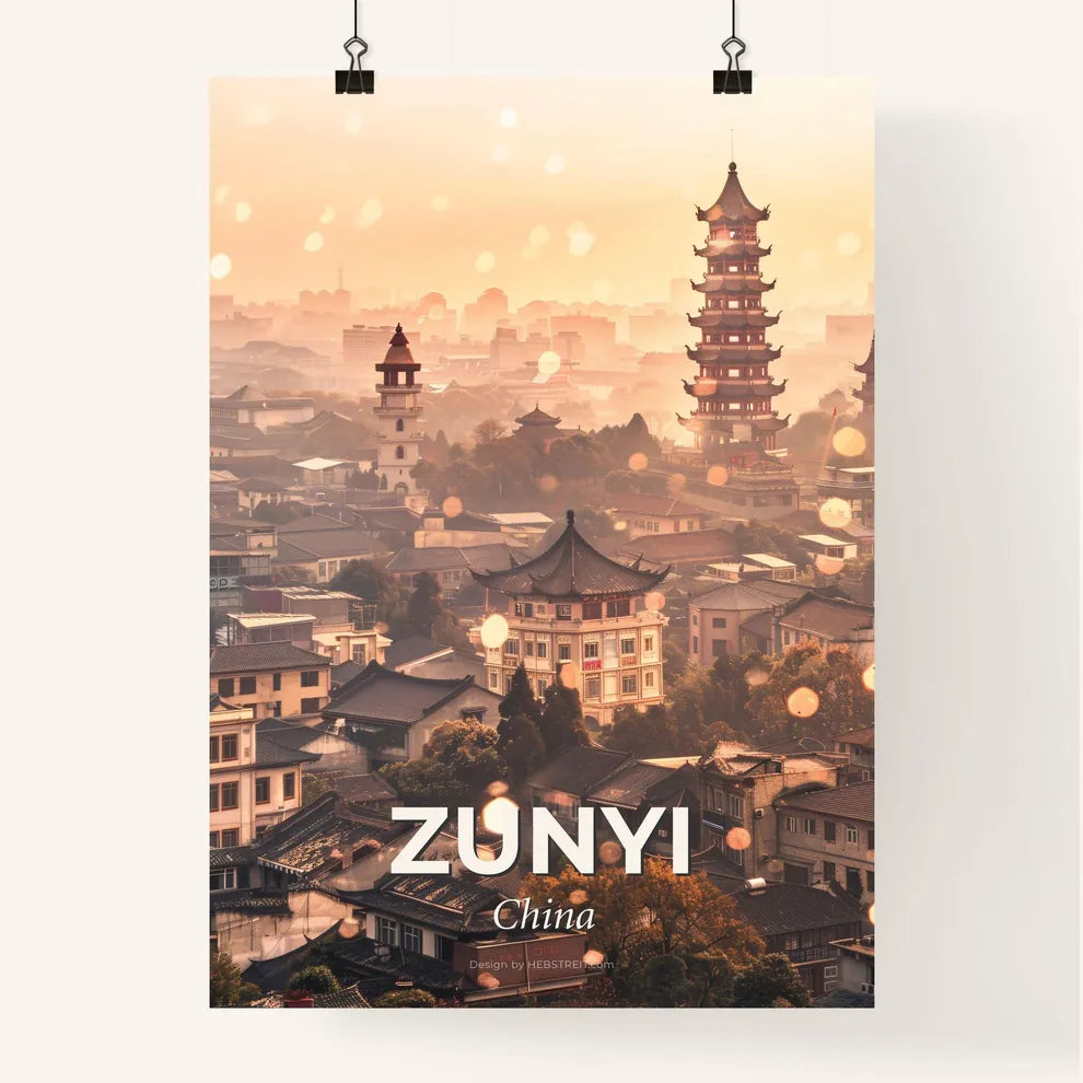 Zunyi: City Iconography Skyline Silhouette Poster - A city with tall buildings and a tall tower Poster