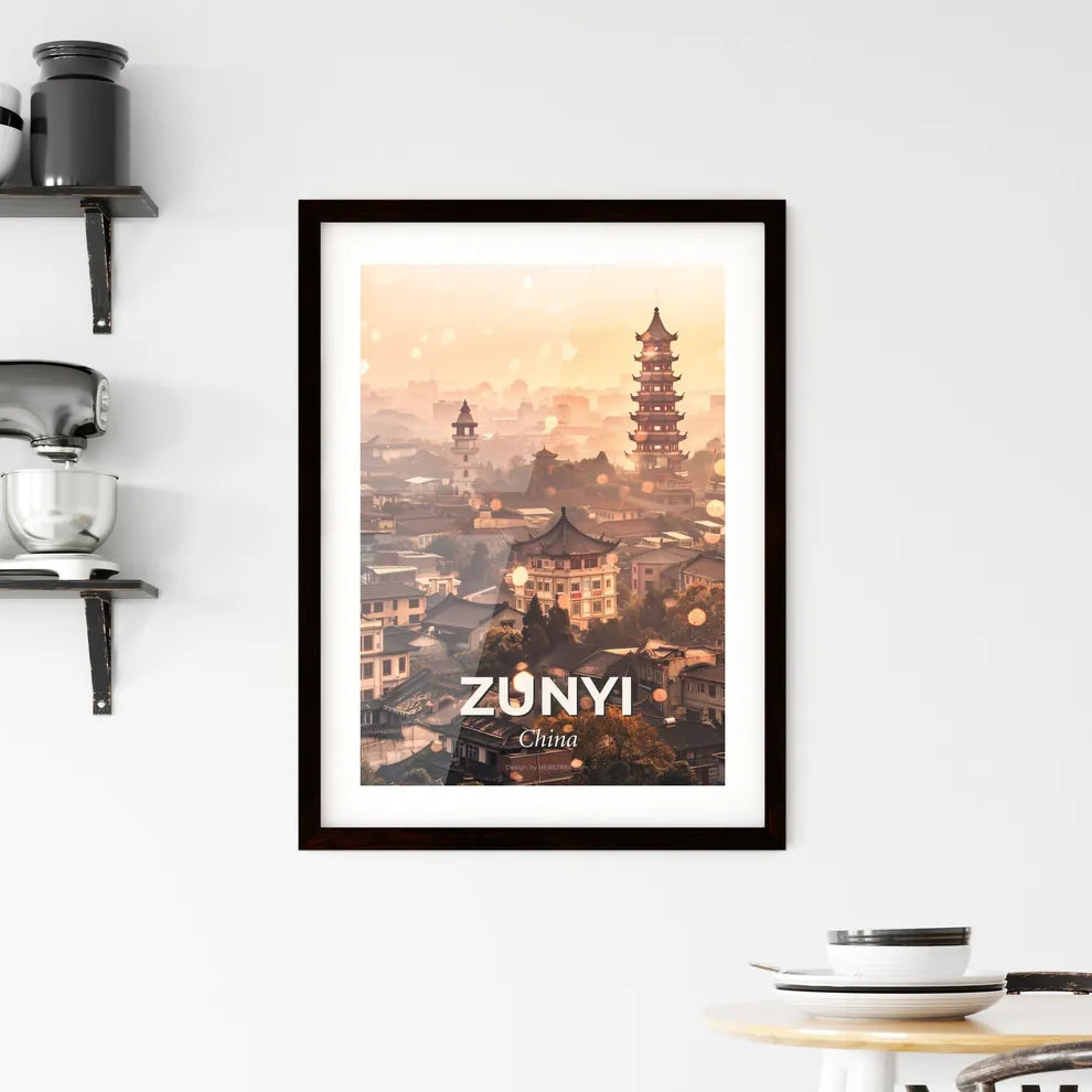 Zunyi: City Iconography Skyline Silhouette Poster - A city with tall buildings and a tall tower Custom Print
