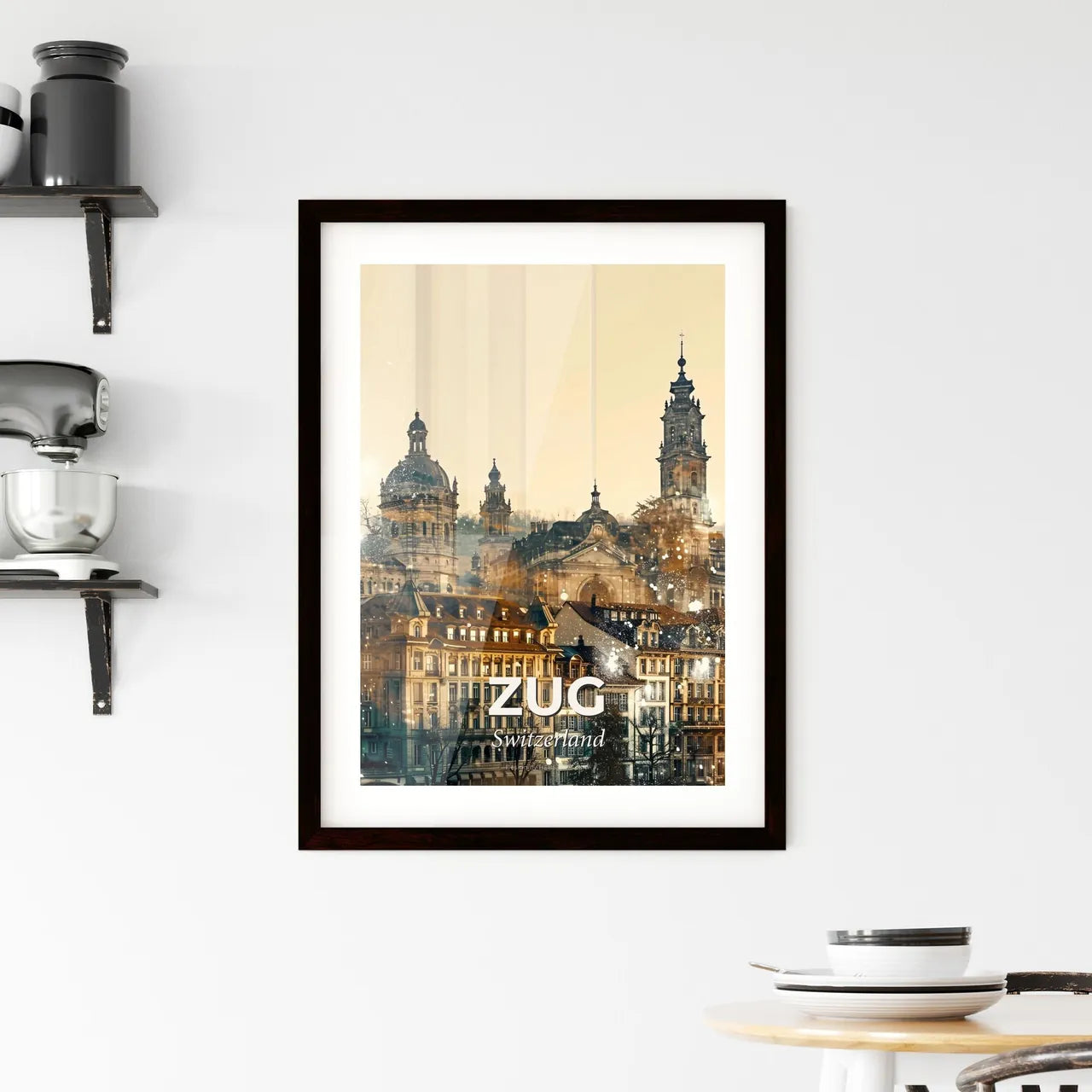 Zug: Swiss City Skyline Double Exposure Artwork - A city with many buildings Custom Print
