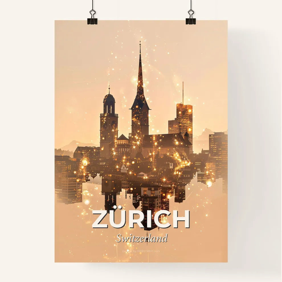 Zurich Skyline Double Exposure Composite Artwork - A city with lights reflecting on water Poster