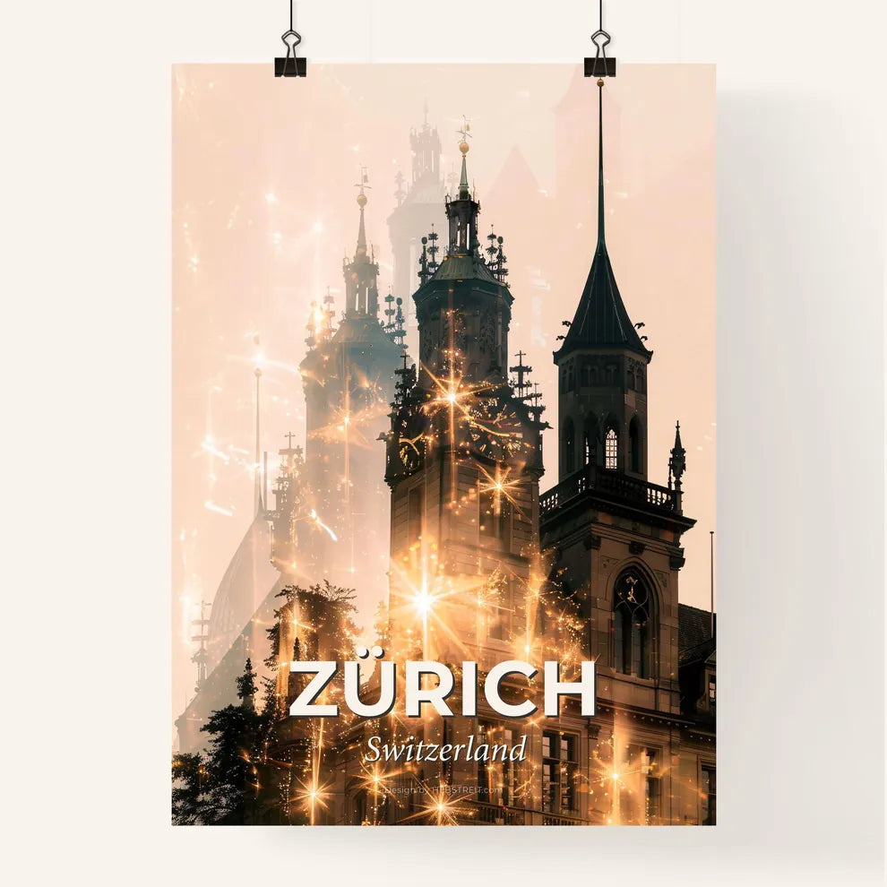 Zürich Skyline Composite Poster Art - A building with a clock tower and fireworks Poster