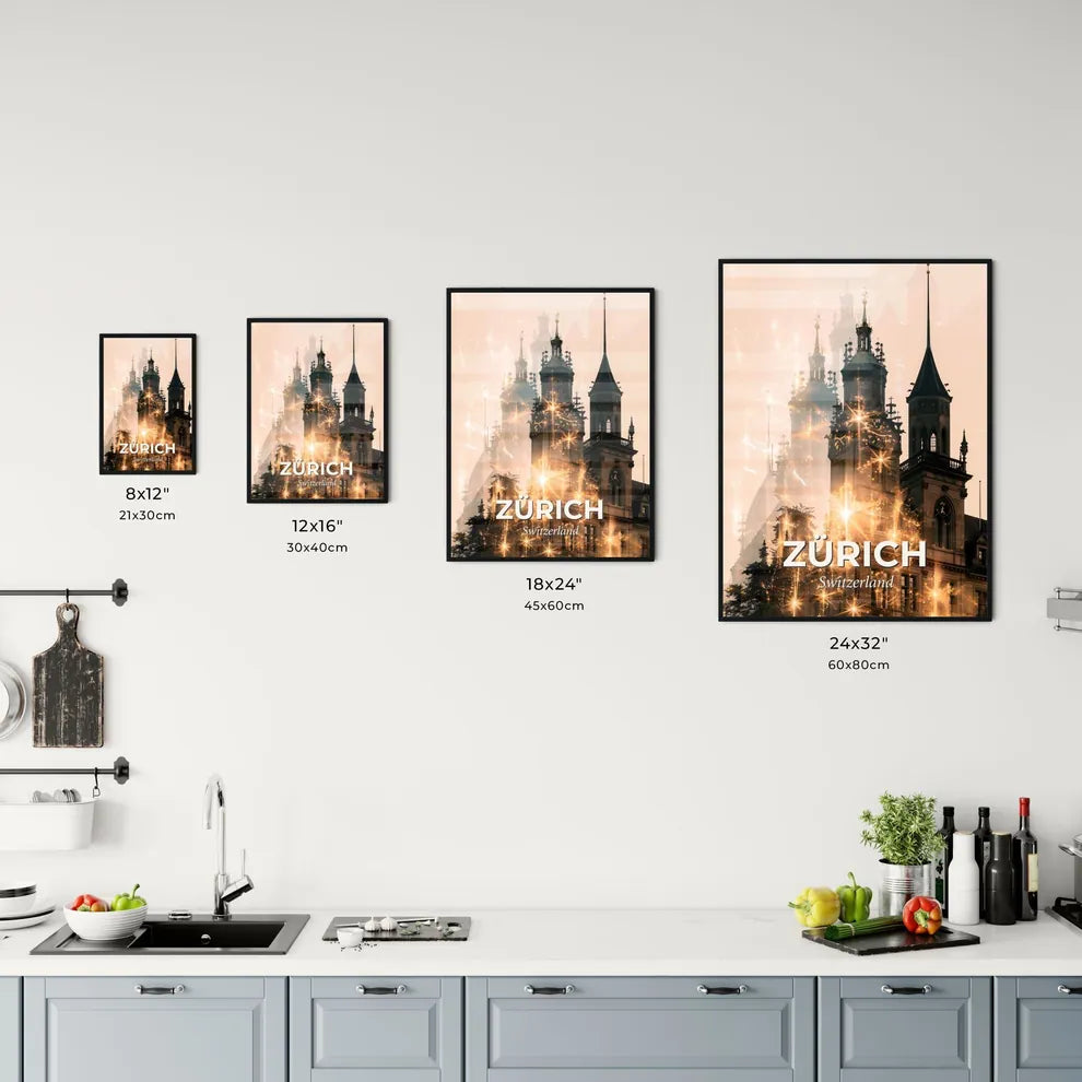 Zürich Skyline Composite Poster Art - A building with a clock tower and fireworks Size Chart