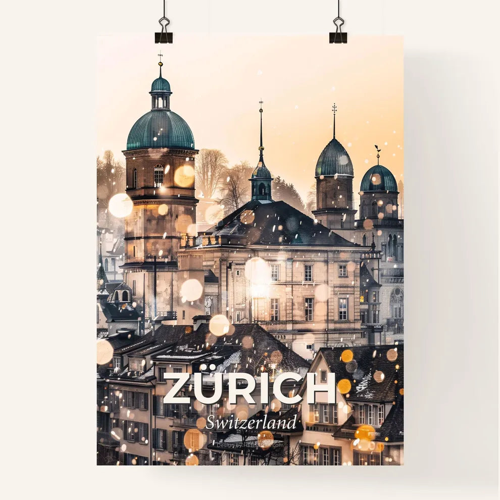 Zürich Skyline: Blending Architecture and Dreams - A group of buildings with a tower and a tower Poster