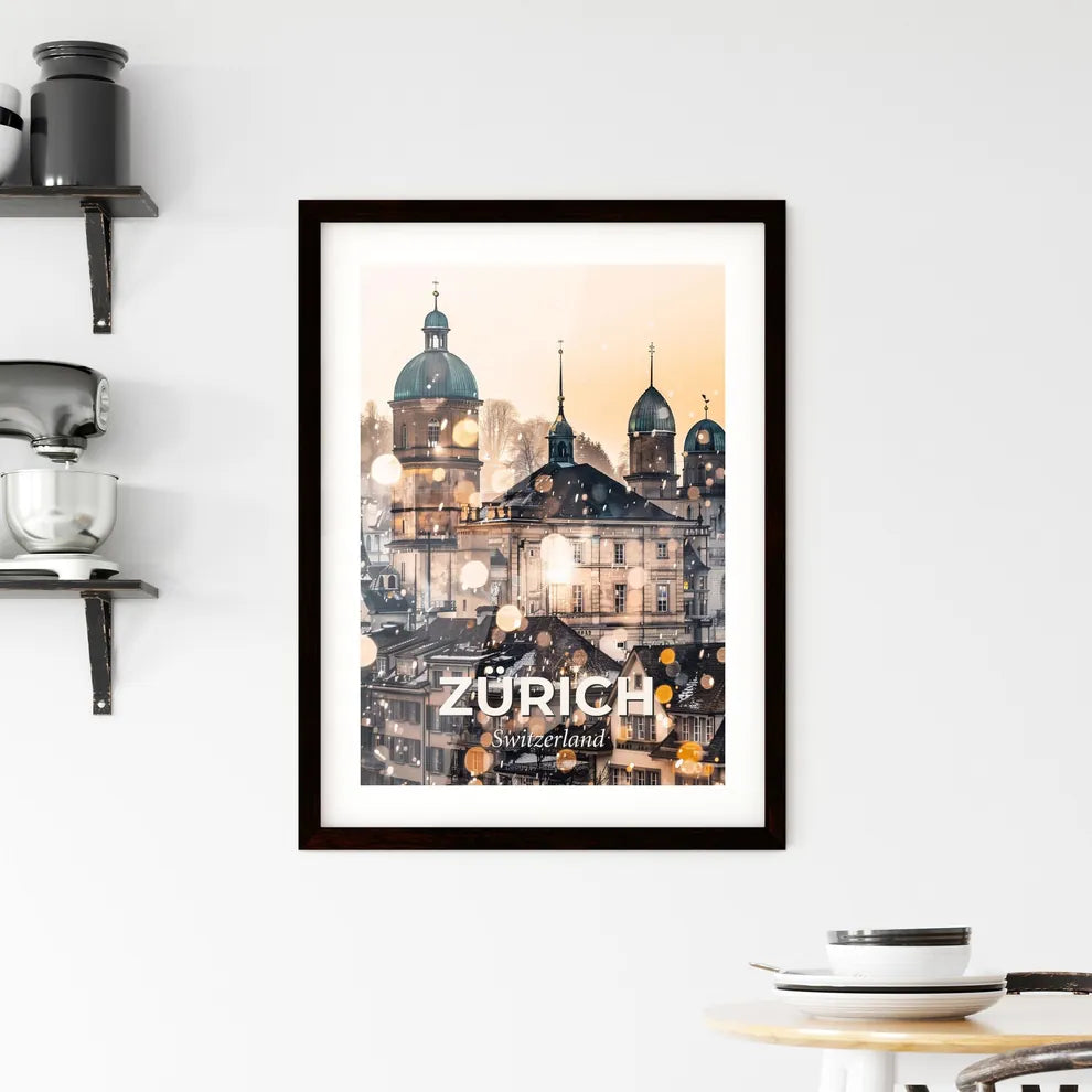 Zürich Skyline: Blending Architecture and Dreams - A group of buildings with a tower and a tower Custom Print