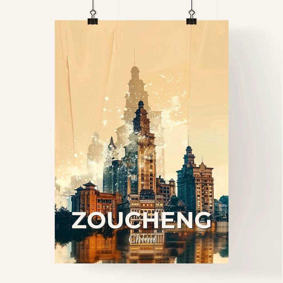 Zoucheng City Skyline Double Exposure Art Poster - A city with many buildings and a body of water Poster
