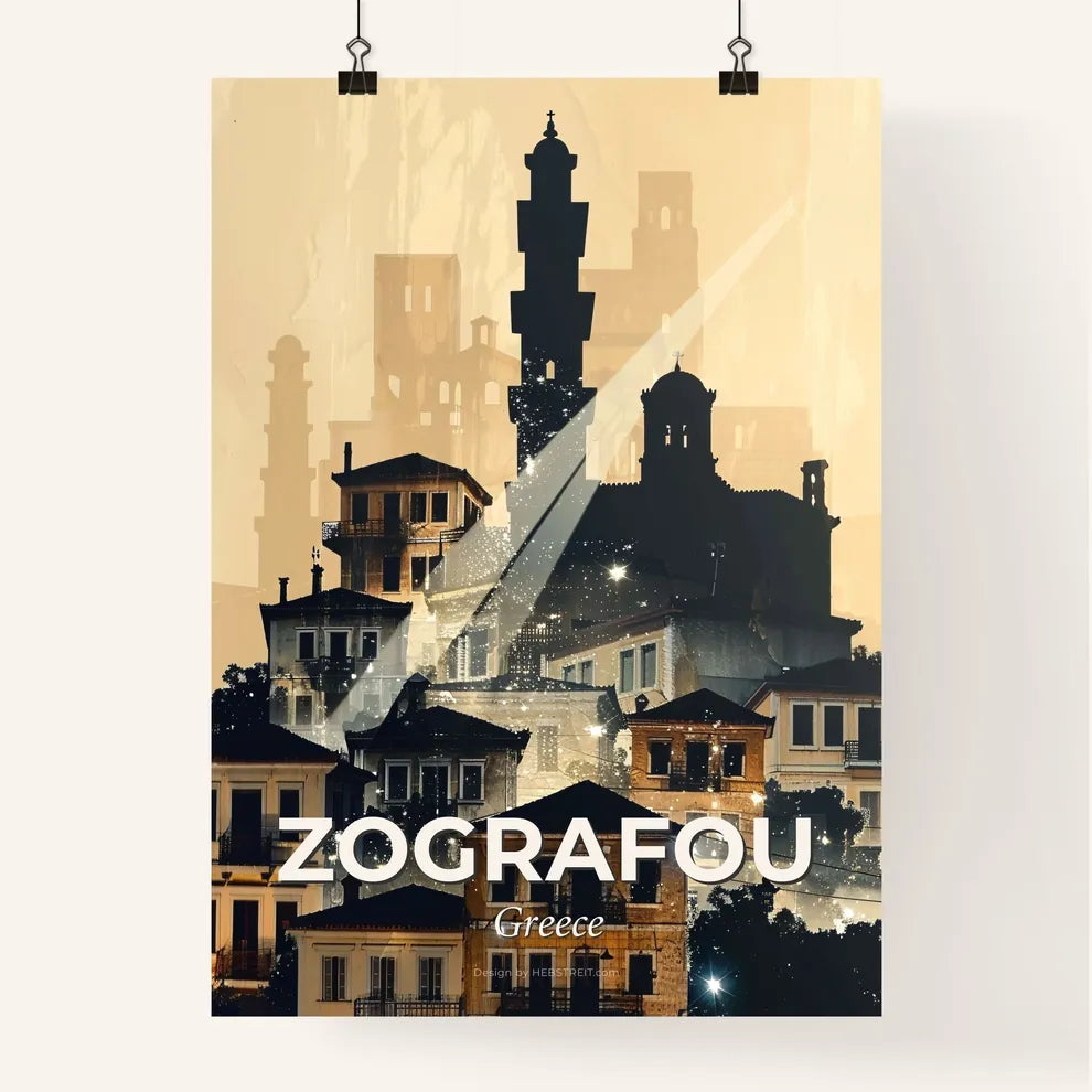 Zografou Skyline in Chic Silhouette on Beige - A group of buildings with a tower Poster