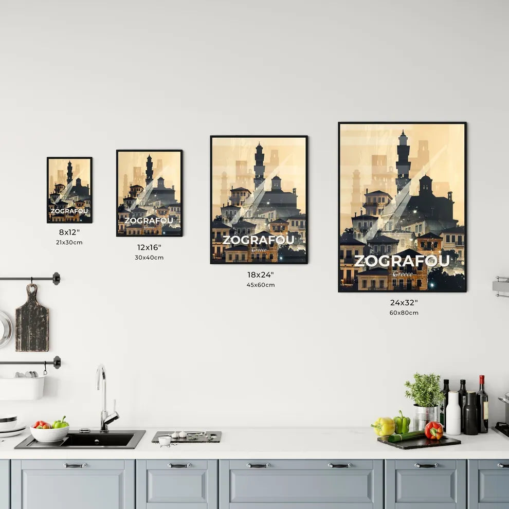 Zografou Skyline in Chic Silhouette on Beige - A group of buildings with a tower Size Chart